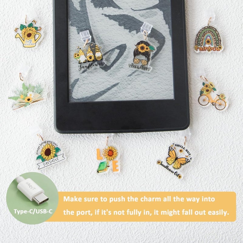 THSOGO 9PCS Dust Plug Charms for E - Reader/Kindle, Cute Book Sunflower Dust Plugs Compatible with Type C Charging Port, Gift for Book Sunflower Lovers Readers Women Teachers Students - Image 4